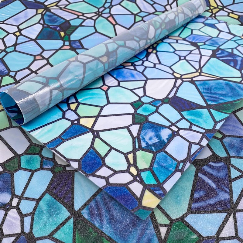 funlife Original Hand-Drawn Privacy Stained Glass Window Film, Reusable Single Sided Static Cling Glass Covers Suitable for Entryway, Decor for Bathroom Glass Window, 11.8"x118", Blue Cobblestones - Image 1