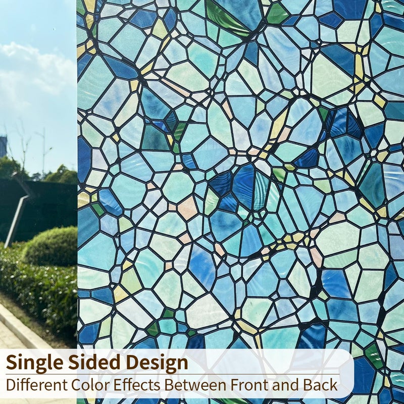 funlife Original Hand-Drawn Privacy Stained Glass Window Film, Reusable Single Sided Static Cling Glass Covers Suitable for Entryway, Decor for Bathroom Glass Window, 11.8"x118", Blue Cobblestones - Image 2