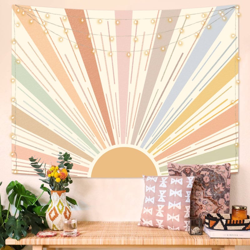 Kanuyee Boho Sun Tapestry Wall Hanging, Retro 70s Abstract Striped Aesthetic Sunrise Vintage Tapestries for Bedroom Living Room 36×48 inch - Image 1