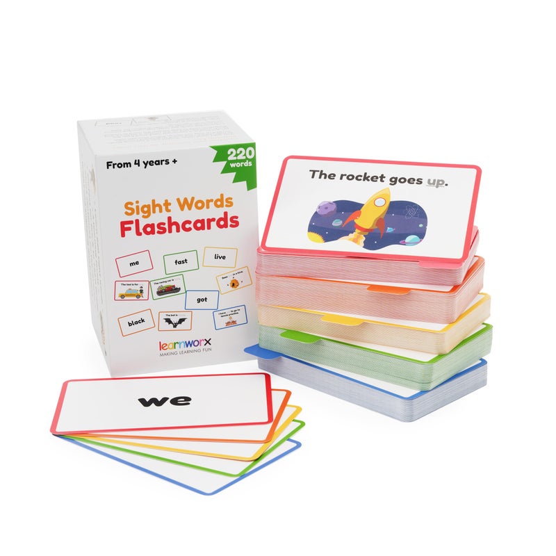 learnworx بطاقات فلاش الكلمات البصرية لرياض الأطفال - 220 بطاقة - كلمات بصرية للأطفال بعمر 4 سنوات - بطاقات فلاش كلمات دولش - مرحلة ما قبل الروضة والصف الأول والثاني والثالث - تعلم مفردات قراءة الكلمات البصرية للأطفال - Image 1