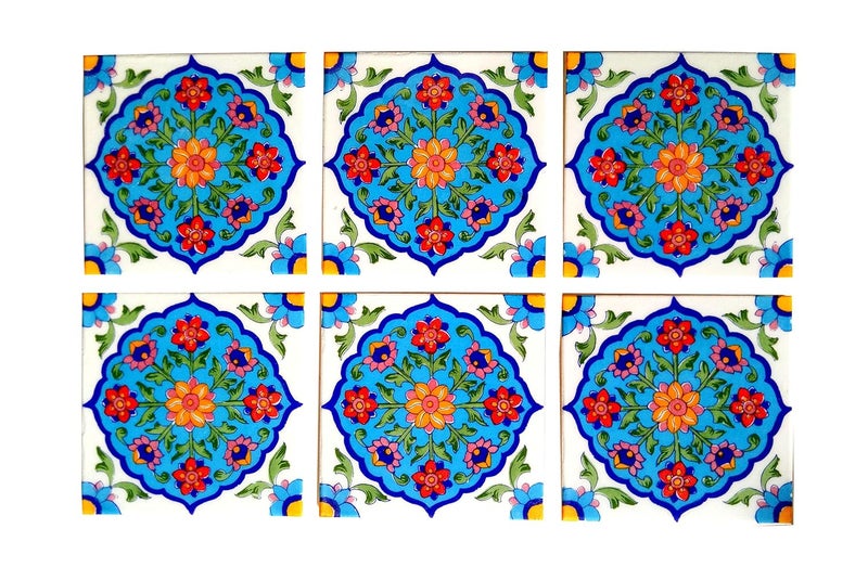Shiv Kripa Blue Pottery Shiv Kripa Blue Pottery Decorative Ceramic Wall Tile Traditional Handcrafted Tiles 6 x 6 Inch Set of 6 Tiles White Multi 