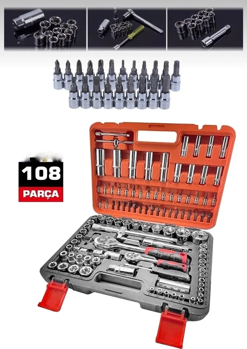 Dynamic Max Professional 108 Piece Multifunctional 1/2 and 1/4 Ratchet Socket Wrench Set Bits and Tips Chrome Steel