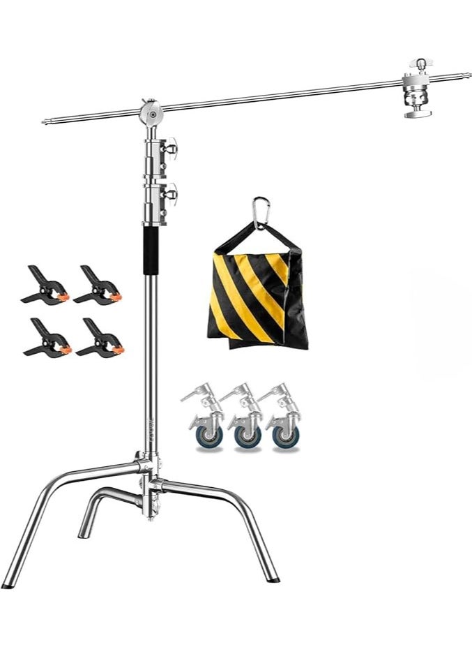 Coopic COOPIC C Stand Stainless Steel 210cm Max' height with 88cm Holding Arm and 2 pieces Grip Head for Video Reflector Monolight and Photography… (1 Pack with Sandbag, Clamps and Wheels)  - Image 1