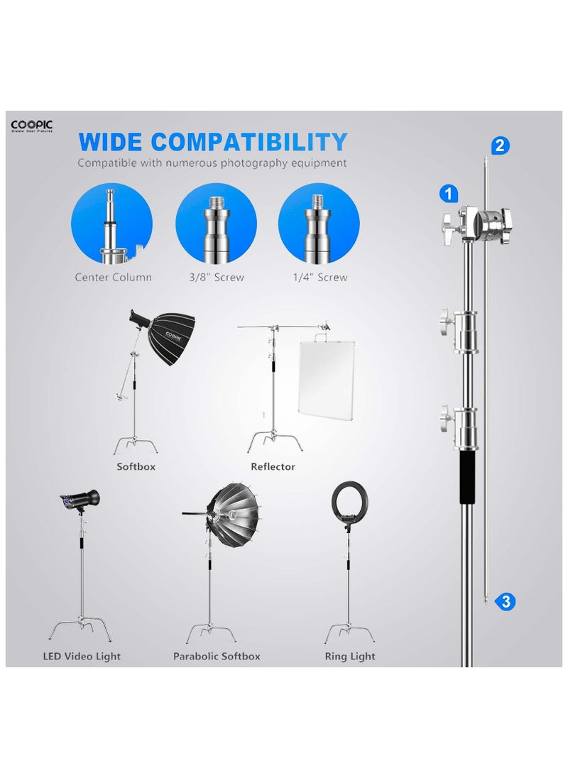Coopic COOPIC C Stand Stainless Steel 210cm Max' height with 88cm Holding Arm and 2 pieces Grip Head for Video Reflector Monolight and Photography… (1 Pack with Sandbag, Clamps and Wheels)  - Image 4