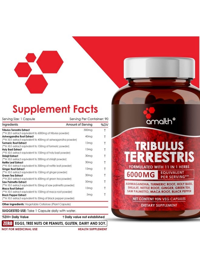 AMALTH Tribulus Terrsestris, 5750mg Per Serving, Highest Potency with Ashwagandha, Saw Palmetto, Panax Ginseng Shilajit Maca 90 Capsules