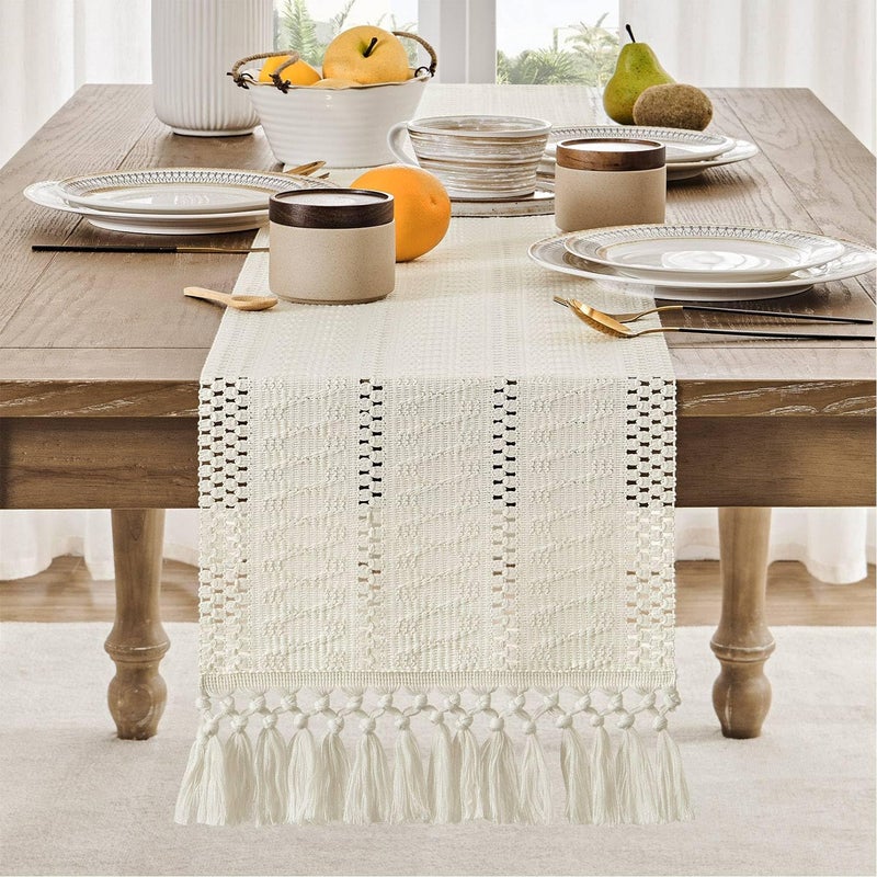 ZeeMart Macrame Style Boho Table Runner, Ivory Table Runners 72 Inches Long, Farmhouse Woven Home Decor, 12x72 Inch, Ivory - Image 2