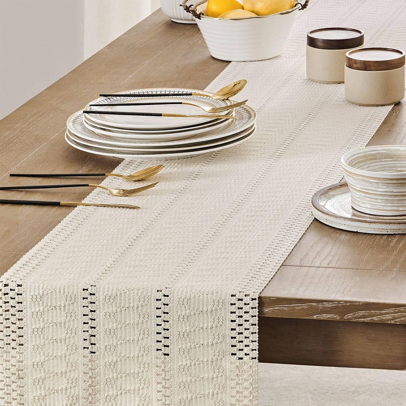 ZeeMart Macrame Style Boho Table Runner, Ivory Table Runners 72 Inches Long, Farmhouse Woven Home Decor, 12x72 Inch, Ivory - Image 5