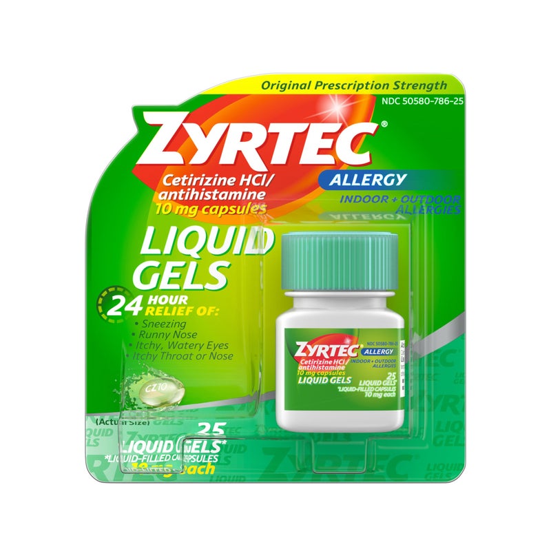 ZYRTEC زيرتك 24 ساعة تخفيف الحساسية السائلة كبسولات جيل، سيتيريزين HCI مضاد الهيستامين، 25 حبة - Image 1