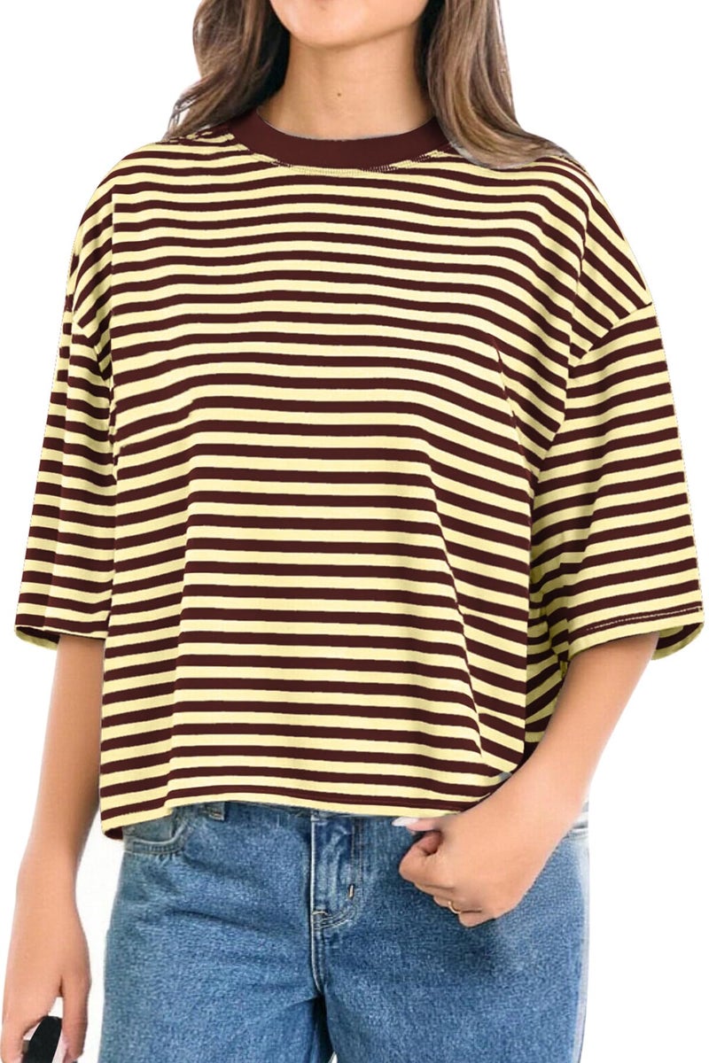CHYRII Womens Oversized Striped T Shirts Short Sleeve Fashion 2026 Casual Summer Y2K Tops (Yellow+Ancora Red L) - Image 2