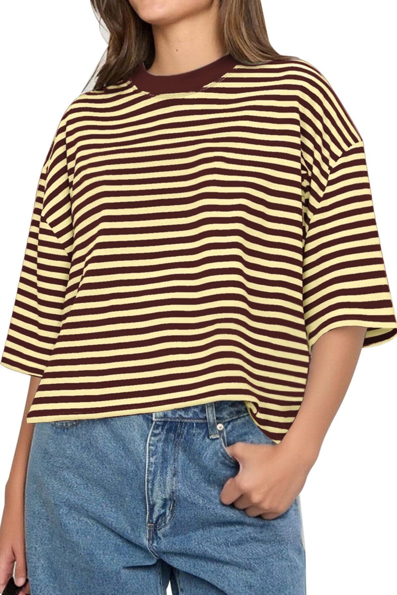 CHYRII Womens Oversized Striped T Shirts Short Sleeve Fashion 2026 Casual Summer Y2K Tops (Yellow+Ancora Red L) - Image 1
