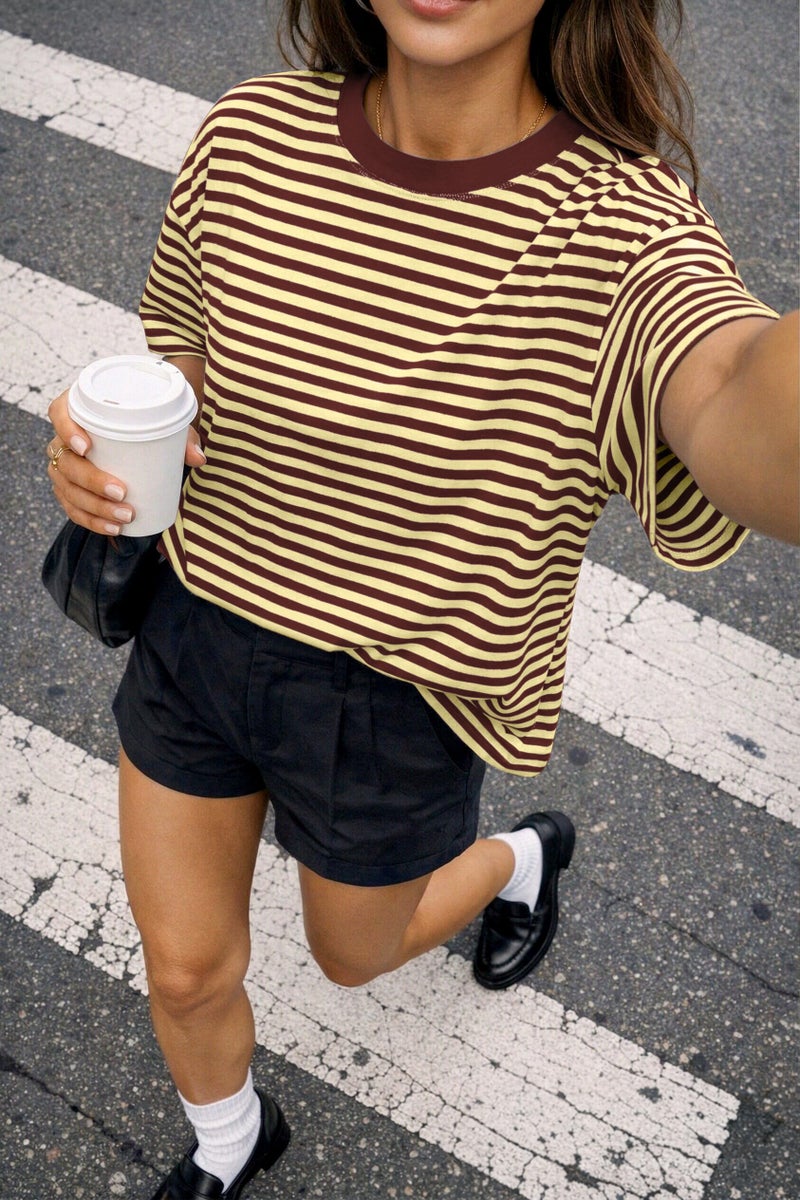 CHYRII Womens Oversized Striped T Shirts Short Sleeve Fashion 2026 Casual Summer Y2K Tops (Yellow+Ancora Red L) - Image 3