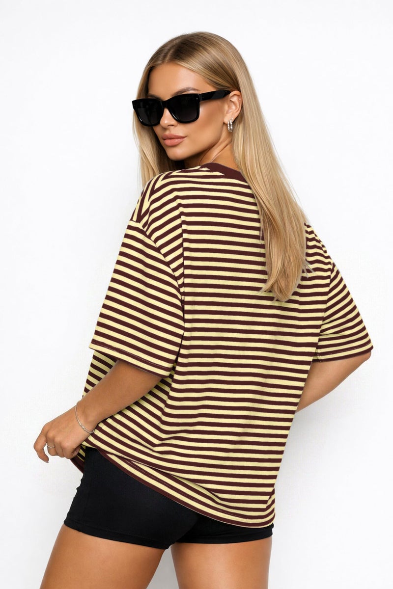 CHYRII Womens Oversized Striped T Shirts Short Sleeve Fashion 2026 Casual Summer Y2K Tops (Yellow+Ancora Red L) - Image 4
