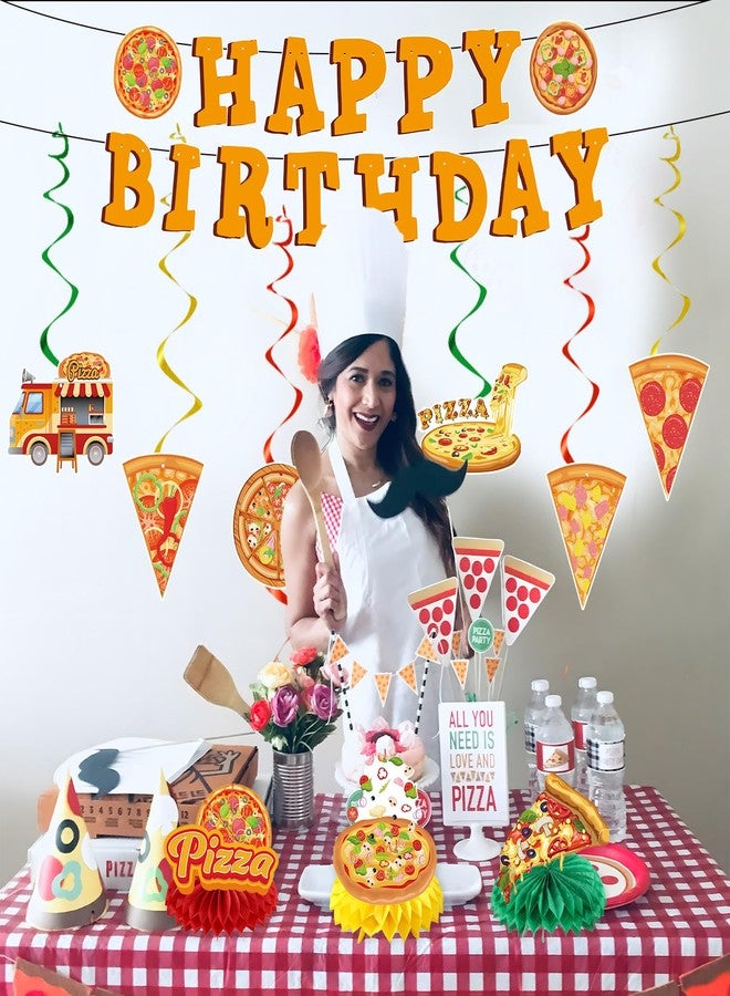 Refavor Pizza Birthday Party Decorations - 11PCS Pizza Happy Birthday Banners Hanging Swirl Honeycomb Centerpieces Table Decor Supplies - Image 4