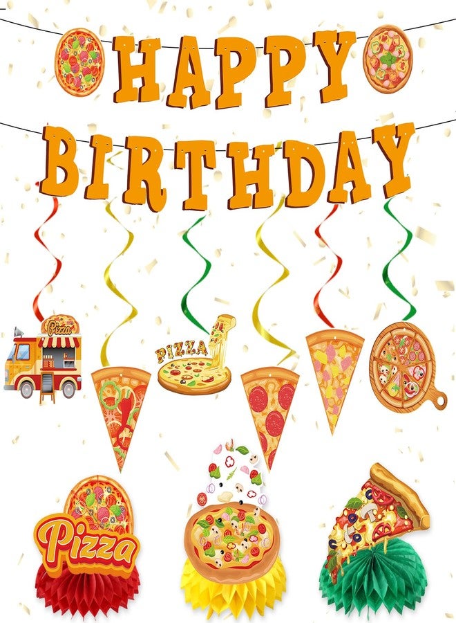 Refavor Pizza Birthday Party Decorations - 11PCS Pizza Happy Birthday Banners Hanging Swirl Honeycomb Centerpieces Table Decor Supplies - Image 1