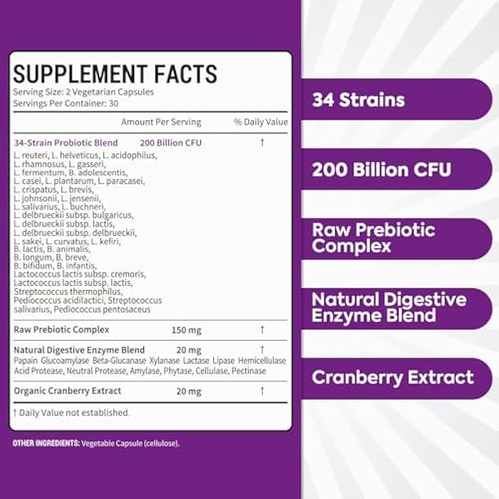 Surebounty Women's Probiotic, 200 Billion CFU, Prebiotics + Digestive Enzymes + Cranberry, 60 Caps - Image 2