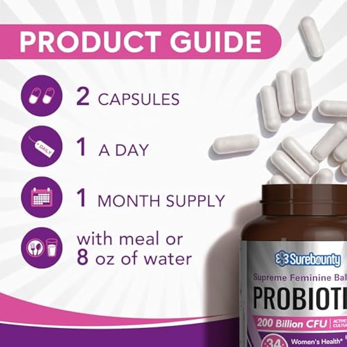 Surebounty Women's Probiotic, 200 Billion CFU, Prebiotics + Digestive Enzymes + Cranberry, 60 Caps - Image 5