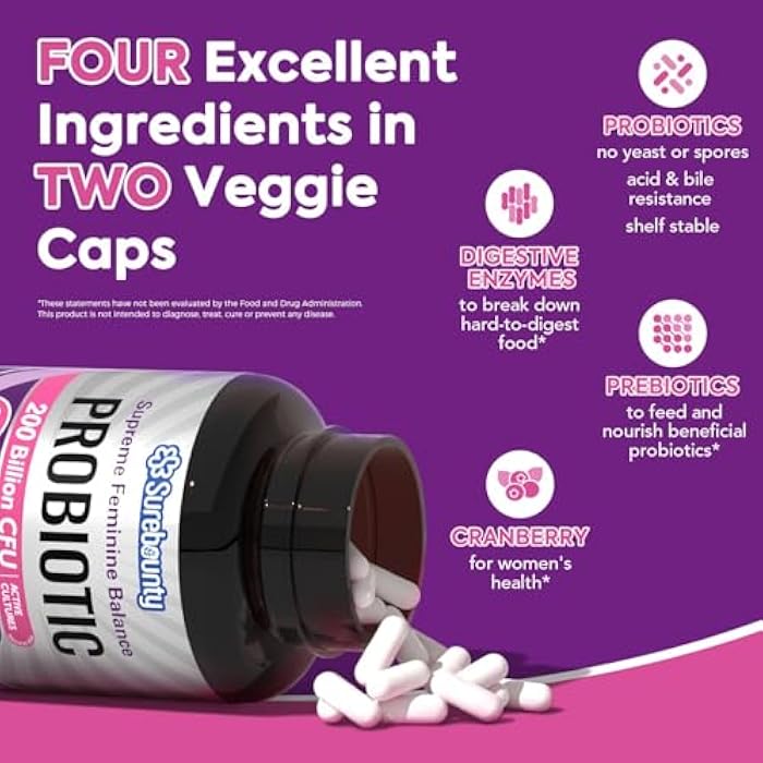 Surebounty Women's Probiotic, 200 Billion CFU, Prebiotics + Digestive Enzymes + Cranberry, 60 Caps - Image 3