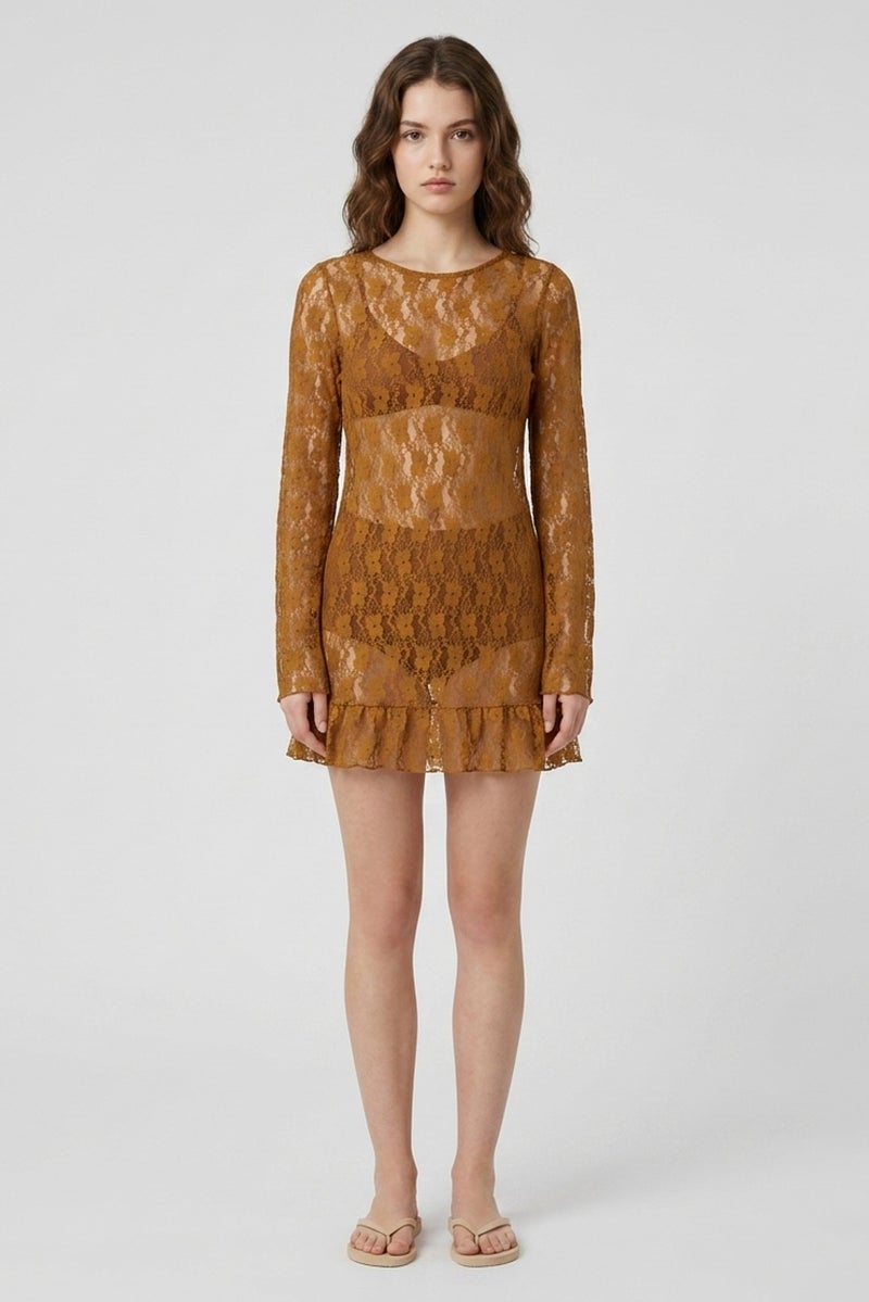 MONKI Women Eyelet Mini Dress, Brown - Image 1
