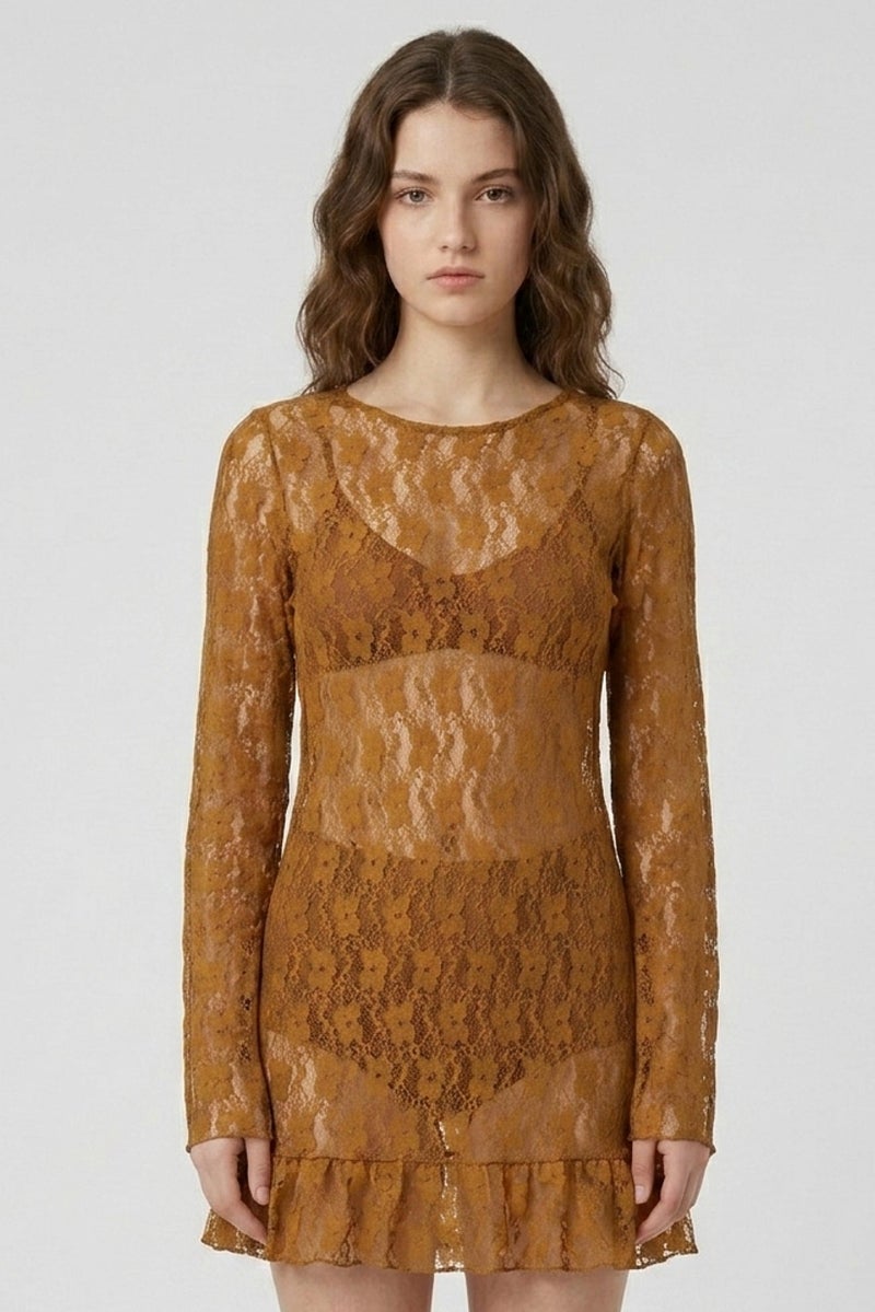 MONKI Women Eyelet Mini Dress, Brown - Image 2