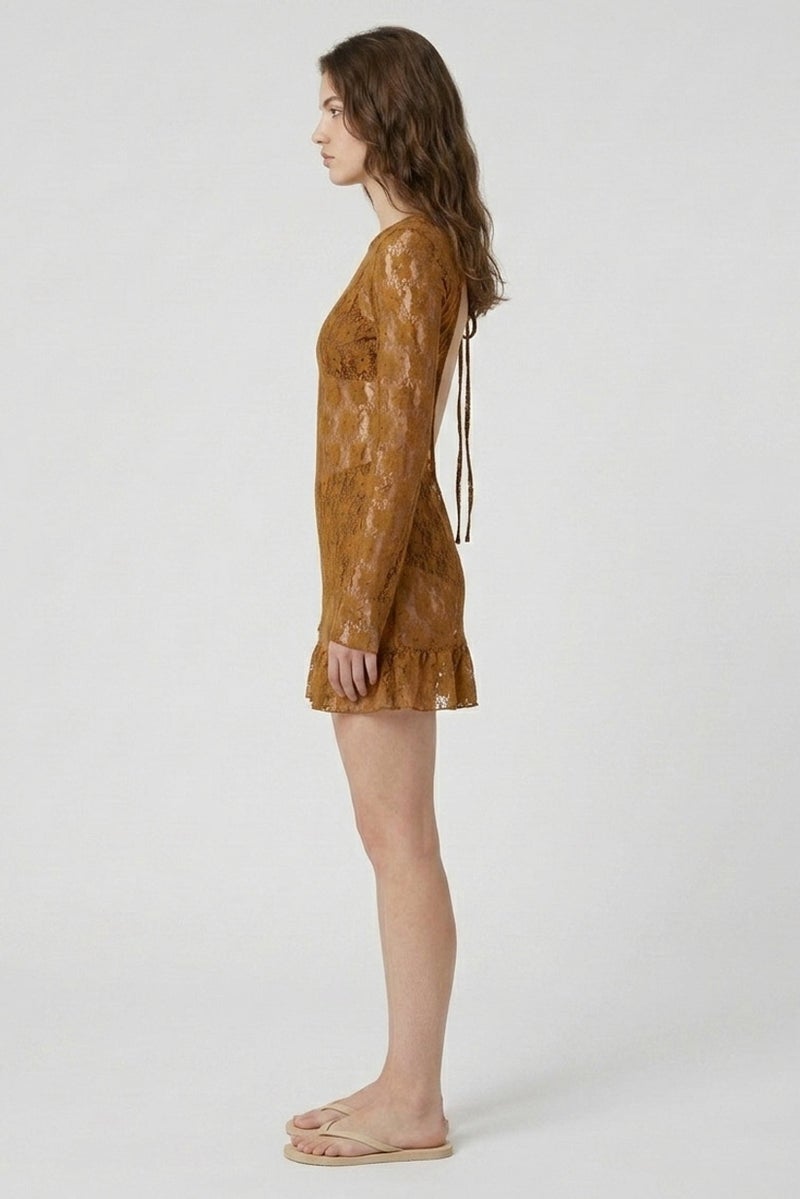 MONKI Women Eyelet Mini Dress, Brown - Image 5
