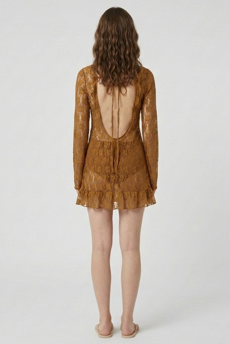 MONKI Women Eyelet Mini Dress, Brown - Image 4