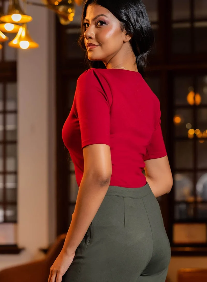 زجزاج Curve V Neck Ponte Top - Maroon