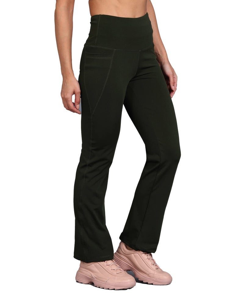 Rock Paper Scissors Premium Flare Gym Pants High Rise Stretchable Flared Leggings with Pockets Gym Wear/Active Wear Tights Yoga Pants Zumba/Dance Womens Workout Tights Army Green, 4XL - Image 1