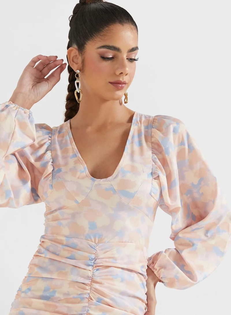 Ginger Printed Plunge Puff Sleeve Dress