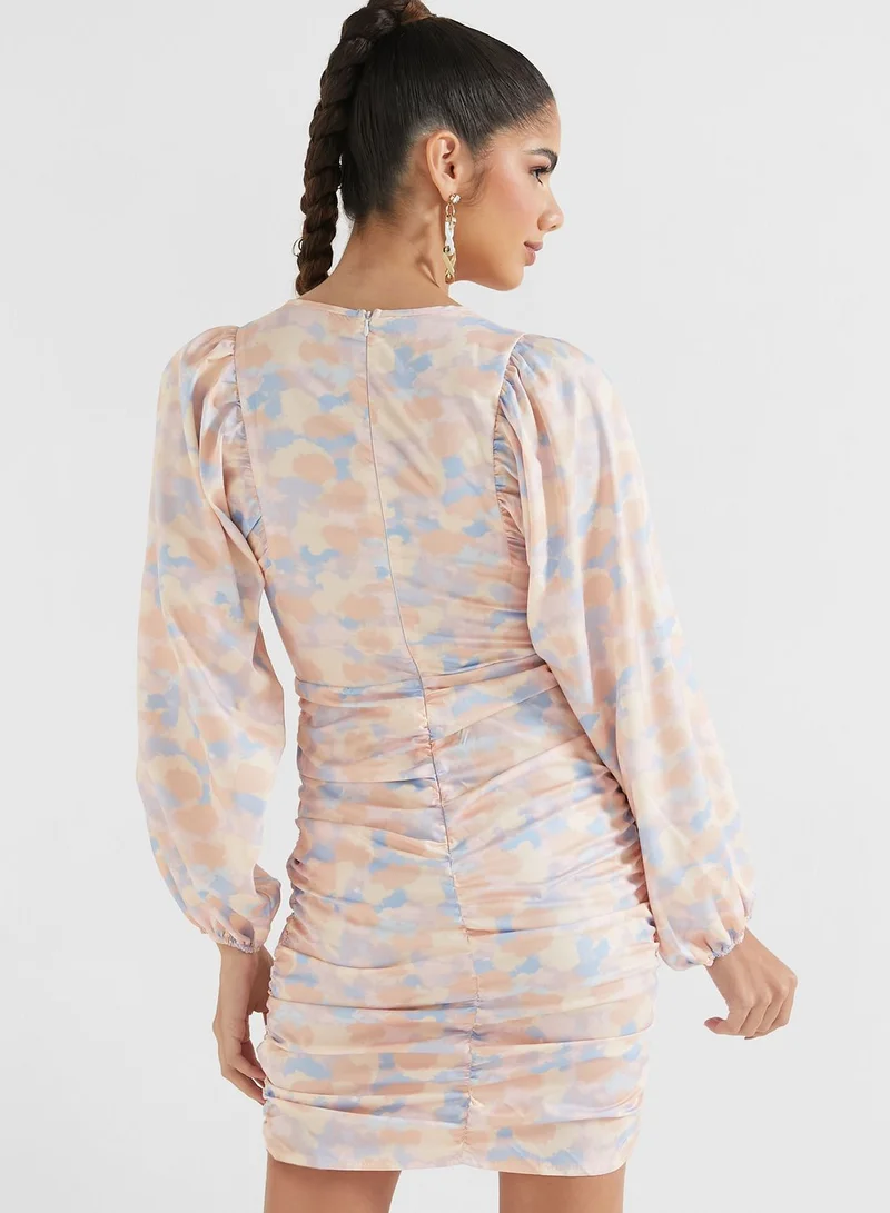 Ginger Printed Plunge Puff Sleeve Dress
