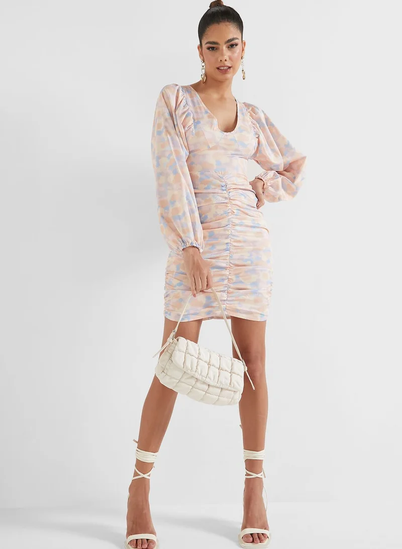 Ginger Printed Plunge Puff Sleeve Dress