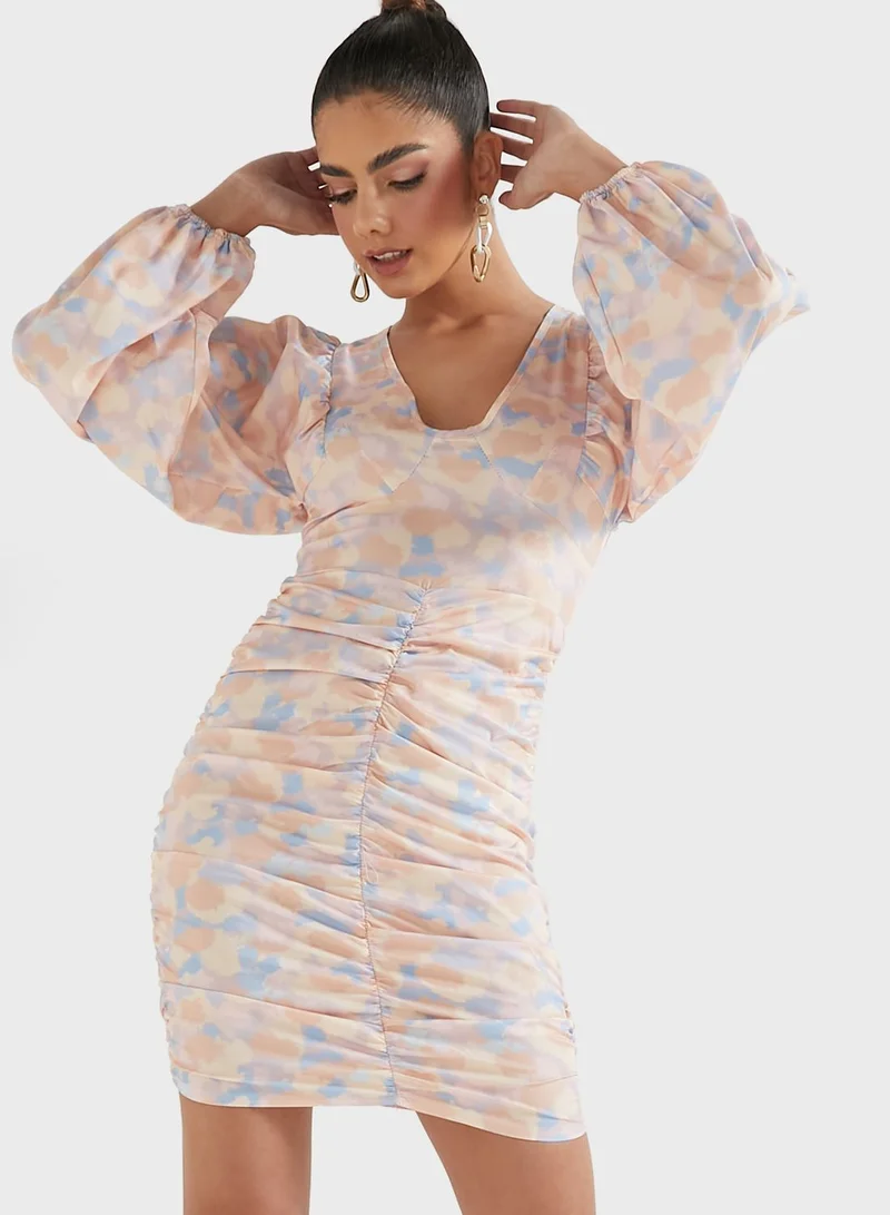 Ginger Printed Plunge Puff Sleeve Dress