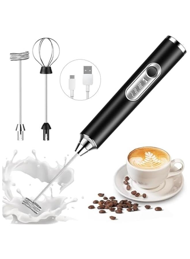 HOOKOR Rechargeable Milk Frother Handheld, Black, Electric Whisk Coffee Frother Mixer with 2 Replaceable Stainless whisks, 3 Speeds, Rechargeable Foam Maker (Black) - Image 1