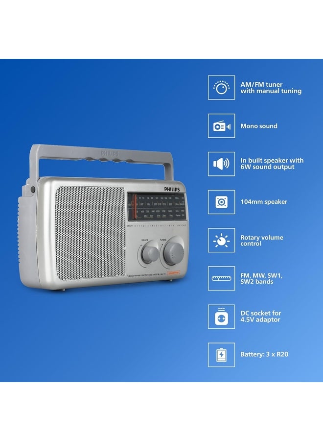 فيليبس Renewed - Portable Radio RL384/94 with MW, SW & FM Band, 500mW RMS Sound Output, Telescopic Antenna, 4-Inch Loudspeaker, Powered by 3xR20 (4.5V DC) External DC Socket RL384/94 grey - Image 3