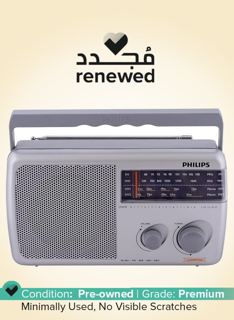 فيليبس Renewed - Portable Radio RL384/94 with MW, SW & FM Band, 500mW RMS Sound Output, Telescopic Antenna, 4-Inch Loudspeaker, Powered by 3xR20 (4.5V DC) External DC Socket RL384/94 grey - Image 1