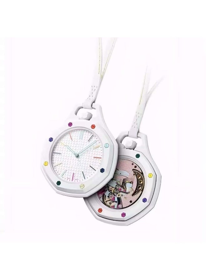 White Octagonal Double Sided Skeleton Mechanical Necklace Watch Colorful Rainbow Screws Textured Dial Leather Lanyard Pendant Pocket Watch Unisex Fashion Gift - Image 1