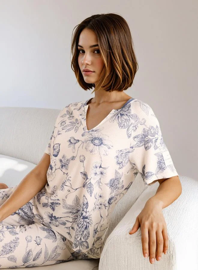 سبلاش فيڤ طقم بيجامة بنقشة زهور وافل