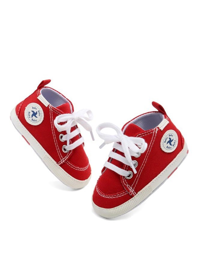 BEIDI Baby Girls Boys Shoes Soft Anti-Slip Sole Newborn First Walkers Star High Top Canvas Denim Unisex Infant Sneaker, A01-red, 6-12 Months - Image 5