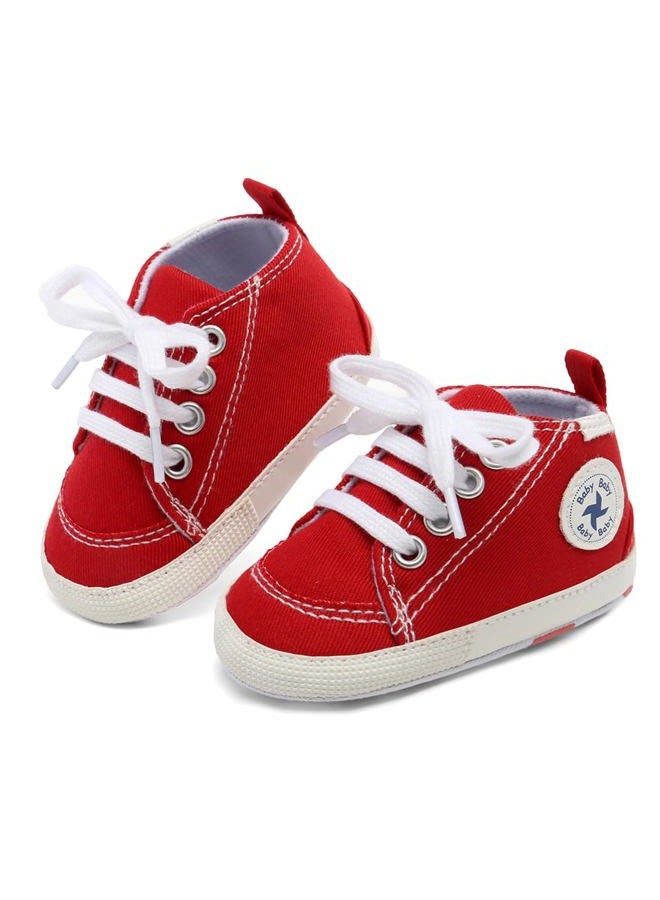 BEIDI Baby Girls Boys Shoes Soft Anti-Slip Sole Newborn First Walkers Star High Top Canvas Denim Unisex Infant Sneaker, A01-red, 6-12 Months - Image 3
