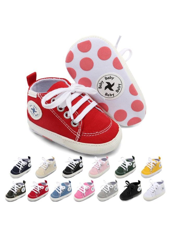 BEIDI Baby Girls Boys Shoes Soft Anti-Slip Sole Newborn First Walkers Star High Top Canvas Denim Unisex Infant Sneaker, A01-red, 6-12 Months - Image 1