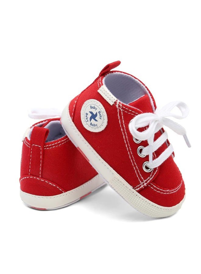 BEIDI Baby Girls Boys Shoes Soft Anti-Slip Sole Newborn First Walkers Star High Top Canvas Denim Unisex Infant Sneaker, A01-red, 6-12 Months - Image 2