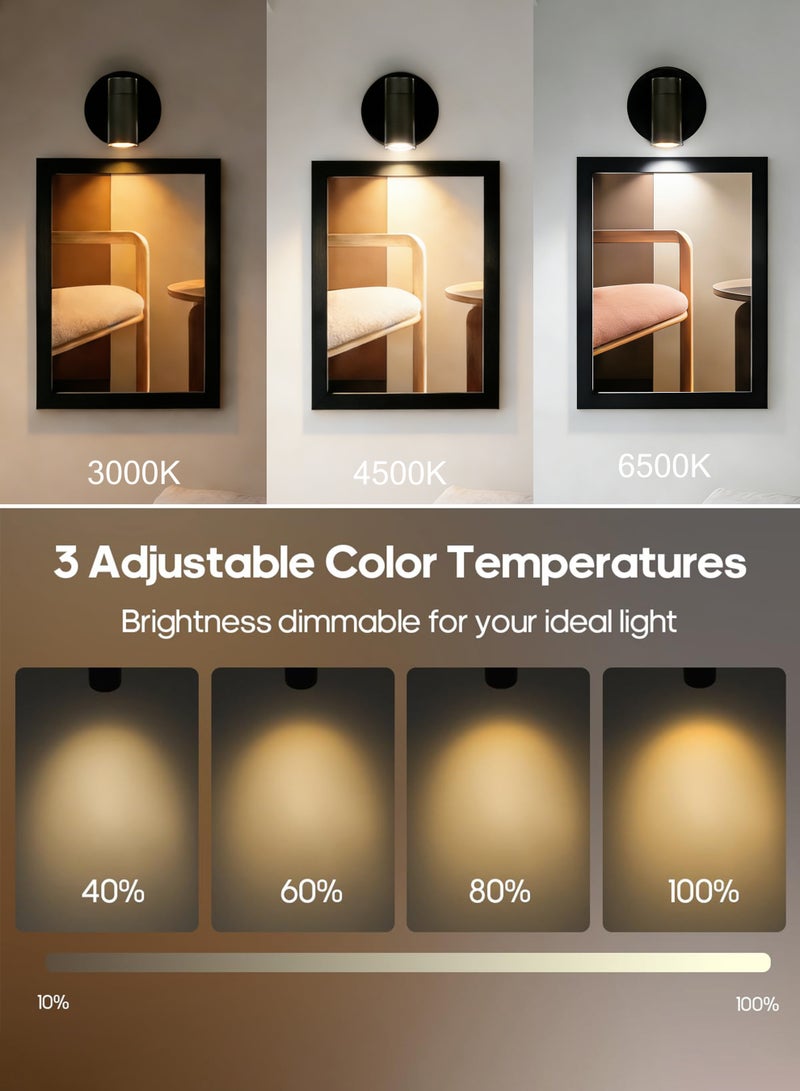 2 Pack Wireless Spotlight, Remote Control LED Wall Lamp, Wall-Mounted Lamp with 3 Color Temperatures, Dimmable 360° Rotation Function, Rechargeable Battery Reading Light for Living Room, Bedroom, Hallway, and Nightstand (Black) - Image 2