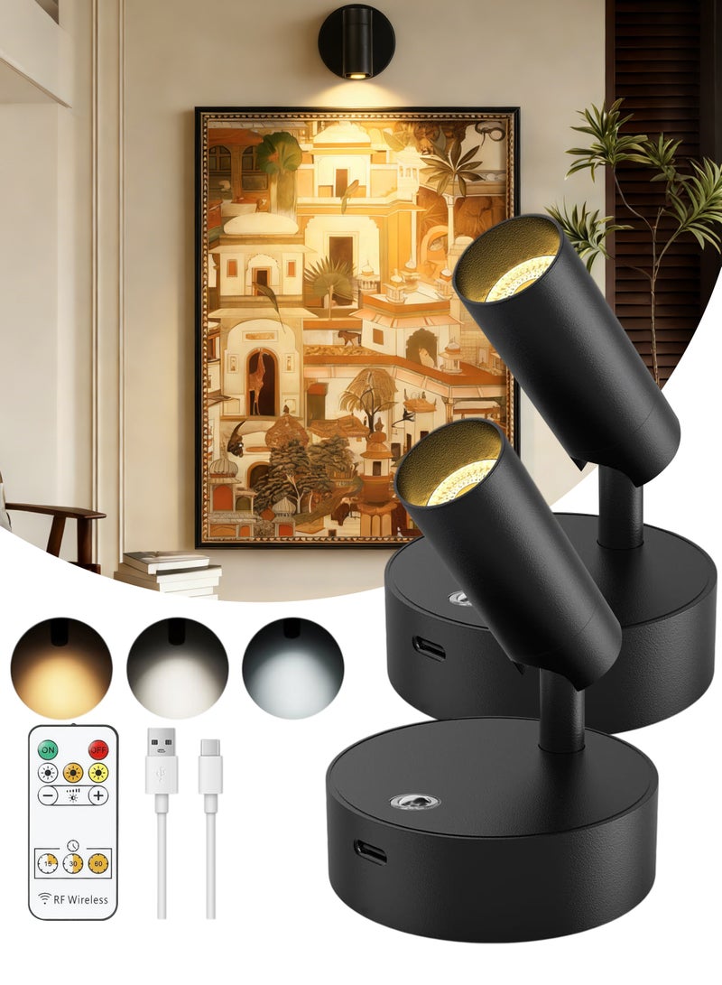2 Pack Wireless Spotlight, Remote Control LED Wall Lamp, Wall-Mounted Lamp with 3 Color Temperatures, Dimmable 360° Rotation Function, Rechargeable Battery Reading Light for Living Room, Bedroom, Hallway, and Nightstand (Black) - Image 1