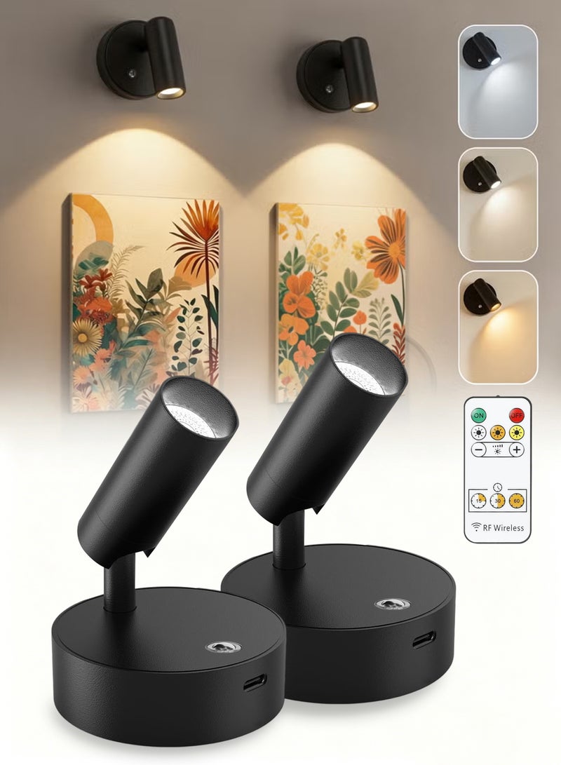 2 Pcs Wireless Spotlights, Remote Control LED Wall Lamps, Wall-Mounted Lamps with 3 Colour Temperatures, 360° Rotation, Battery-Powered LED Spotlights, Ideal for Plant Displays in Living Room, Bedroom, Hallway and Bedside Tables - Image 1