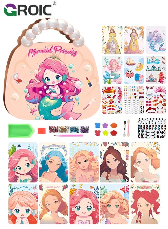 GROIC 15 Styles Princess Art Craft Kits, Paper Craft Kits - Paper Makeup DIY Toy with Diamond Painting & Princess Dress Up Set, Dress Up Sticker Books, Travel Ideal Toys for Girls Ages 4 5 6 7 8 9+ Year Old - Image 1