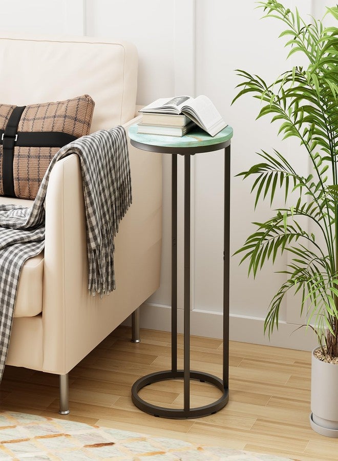 Katrawu C Shaped end Table,Wood Round Side Table for Couch,Small Sofa Table with Metal Frame for Bedroom,Living Room,Bedside,Sea Blue(11.81" D x 11.81" W x 23.62" H) - Image 2
