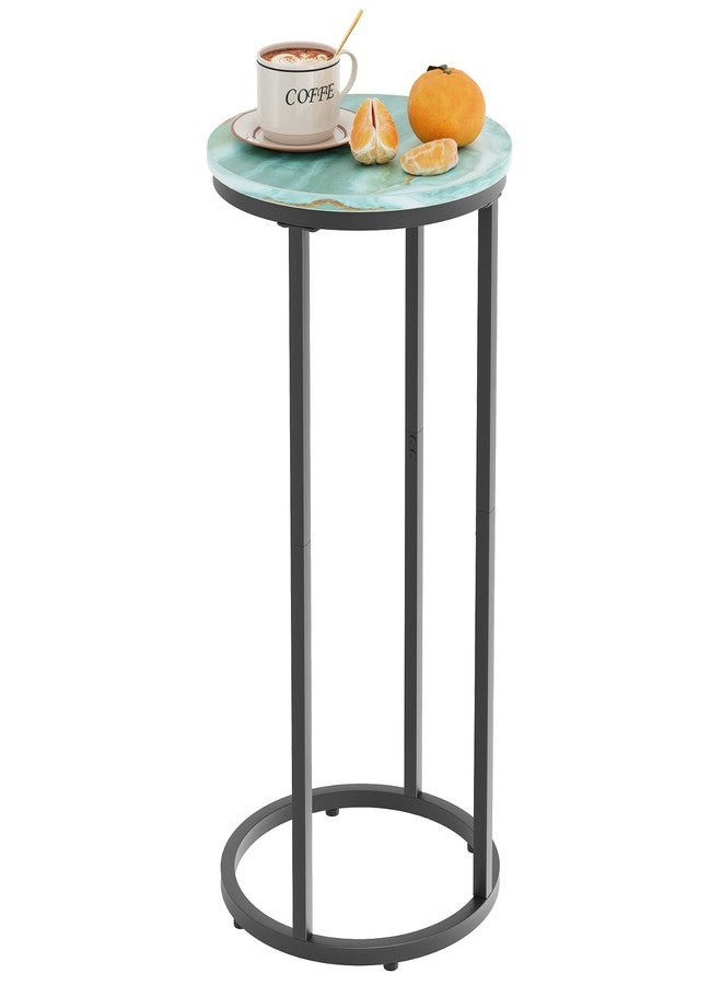 Katrawu C Shaped end Table,Wood Round Side Table for Couch,Small Sofa Table with Metal Frame for Bedroom,Living Room,Bedside,Sea Blue(11.81" D x 11.81" W x 23.62" H) - Image 1