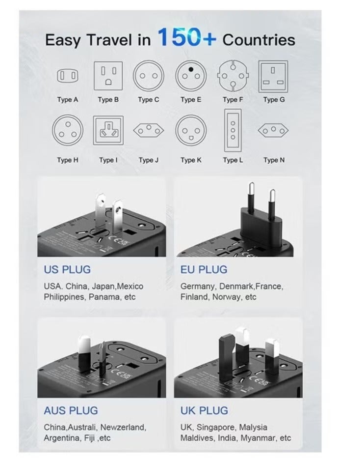 فولاي محول طاقة عالمي للسفر، 5 في 1، محول للسفر لأوروبا مع منفذين USB-A بقوة 3.5 أمبير ومنفذين USB-C، وشاحن جداري ومخرج كهرباء عالمي لأوروبا، الولايات المتحدة، المملكة المتحدة، أستراليا، وآسيا – باللون الأسود - Image 2