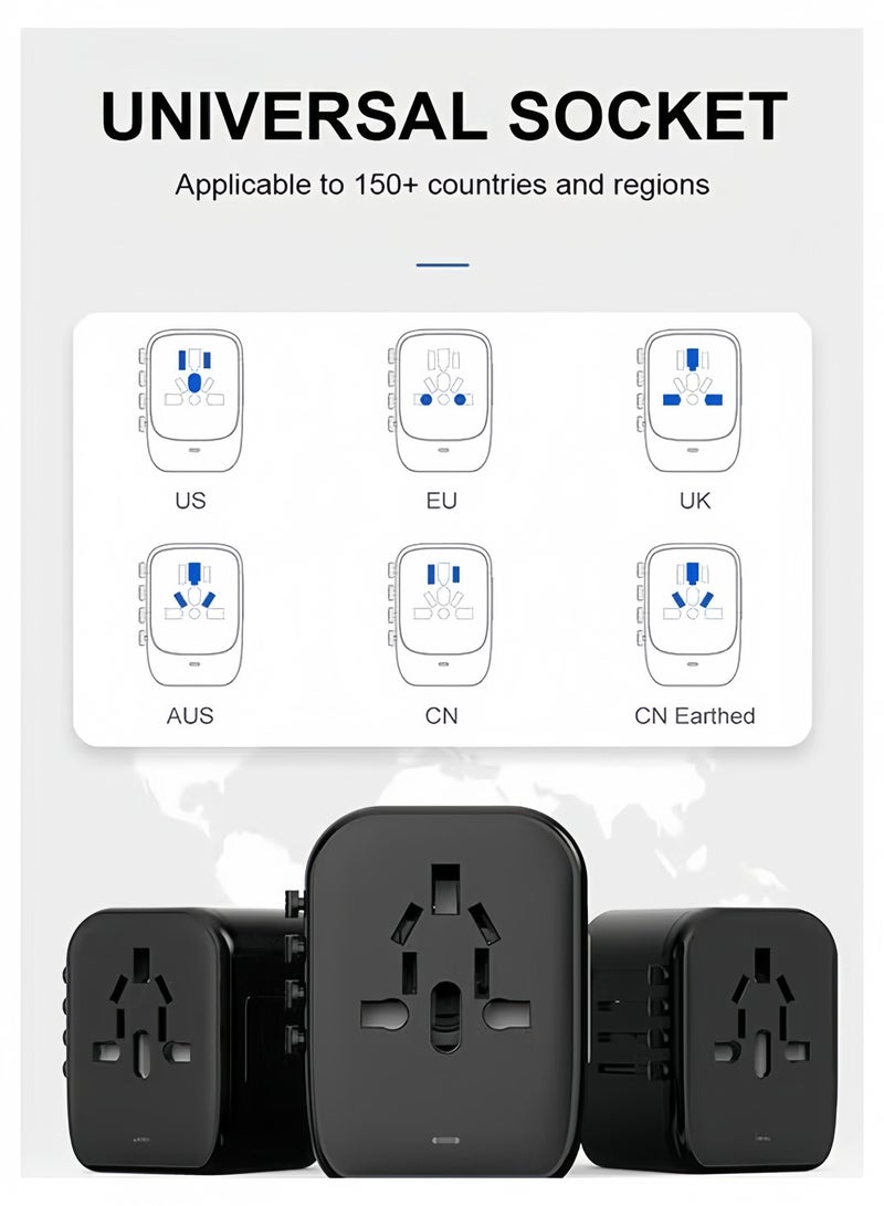 فولاي محول طاقة عالمي للسفر، 5 في 1، محول للسفر لأوروبا مع منفذين USB-A بقوة 3.5 أمبير ومنفذين USB-C، وشاحن جداري ومخرج كهرباء عالمي لأوروبا، الولايات المتحدة، المملكة المتحدة، أستراليا، وآسيا – باللون الأسود - Image 3