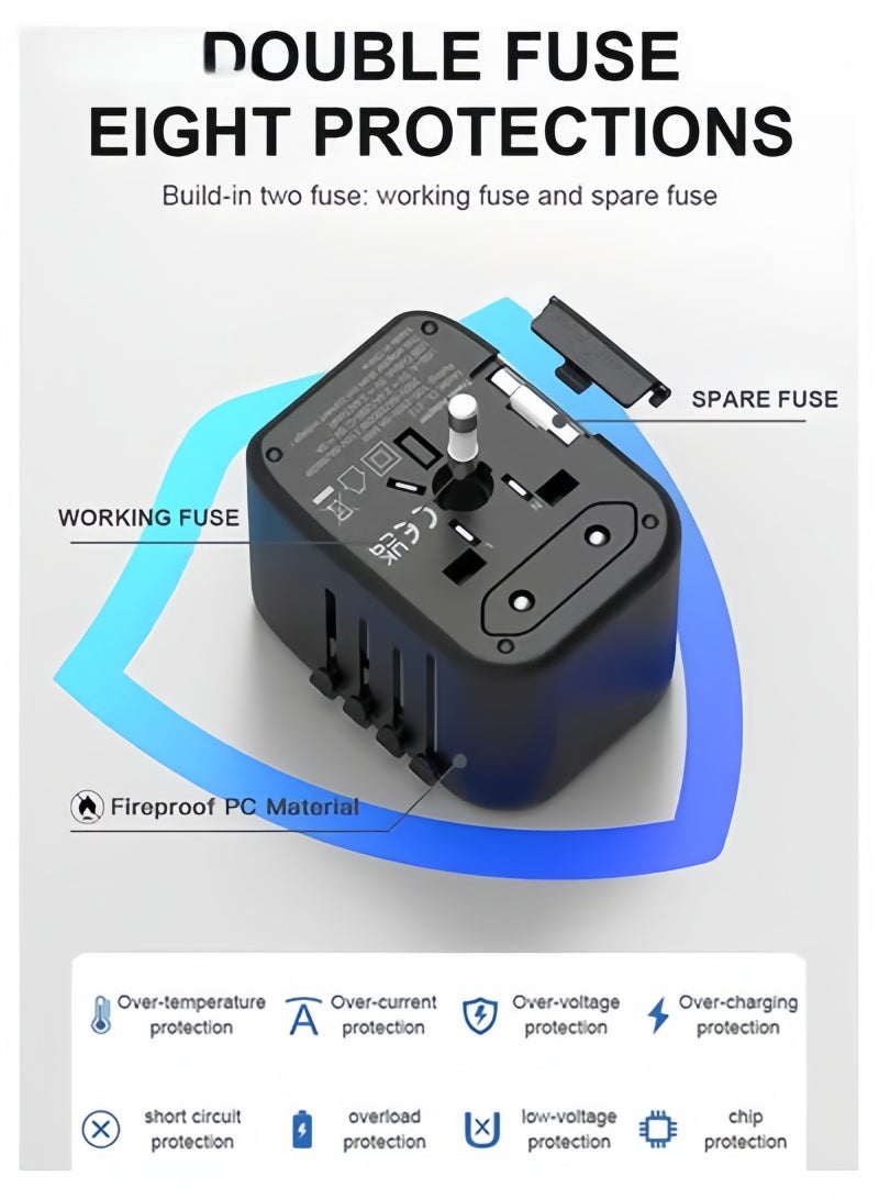 فولاي محول طاقة عالمي للسفر، 5 في 1، محول للسفر لأوروبا مع منفذين USB-A بقوة 3.5 أمبير ومنفذين USB-C، وشاحن جداري ومخرج كهرباء عالمي لأوروبا، الولايات المتحدة، المملكة المتحدة، أستراليا، وآسيا – باللون الأسود - Image 4