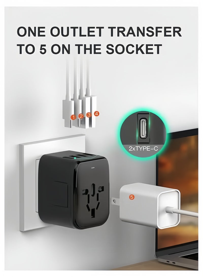 فولاي محول طاقة عالمي للسفر، 5 في 1، محول للسفر لأوروبا مع منفذين USB-A بقوة 3.5 أمبير ومنفذين USB-C، وشاحن جداري ومخرج كهرباء عالمي لأوروبا، الولايات المتحدة، المملكة المتحدة، أستراليا، وآسيا – باللون الأسود - Image 5